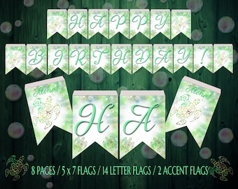 May include: Printable banner with 14 letter flags and 2 accent flags. The flags feature a green and white watercolor background with a sea turtle design. The letters spell out "Happy Birthday!" and the accent flags say "Aloha!"