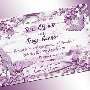 Purple, Silver and Grey Butterfly  Wedding Invitation, 5 x 7,  Printable