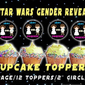 May include: A sheet of 12 cupcake toppers featuring a Star Wars gender reveal theme. Each topper is a 5 cm circle with a black background and a white silhouette of a Jedi or Princess. The text "JEDI OR PRINCESS" is written in blue and pink.