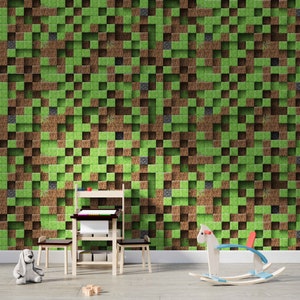 Game room Wallpaper Green Brown Cubes Art Child Room Wallpaper Pixel Wall Art Gaming Wall Mural Print Peel and Stick Wallpaper mural
