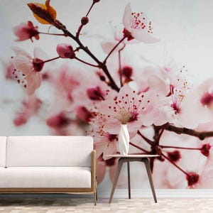 Cherry Blossom Floral Wall Mural – Elegant Sakura Flower Wallpaper – Romantic Nature-Inspired Peel and Stick Self-Adhesive Wall Covering