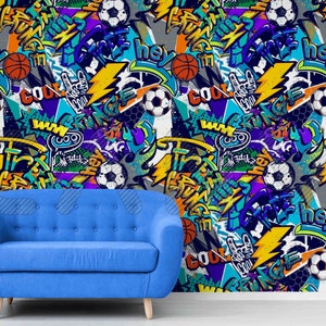 Sporty Graffiti Wallpaper for Teenagers Bedrooms, Peel and stick wallpaper mural, Graffiti wallpaper mural, Colorful wallpaper decal