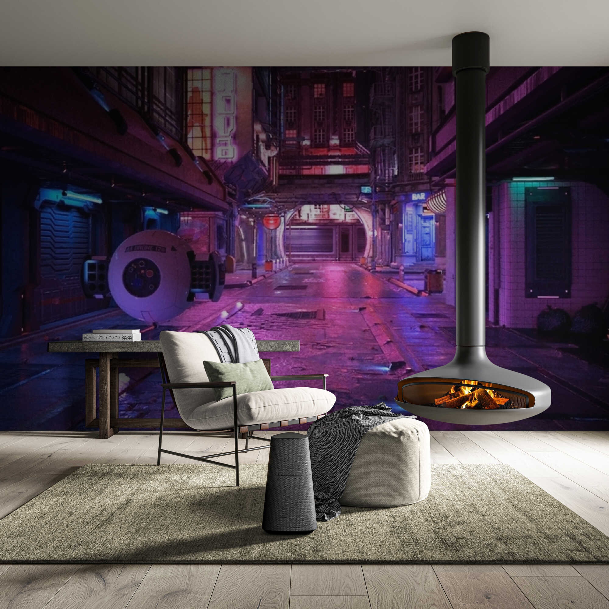 Cyberpunk City Wallpaper Mural: Neon Night, Self-adhesive 3D Wall ...