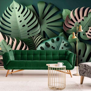 3D Tropical Leaf Wall Mural – Monstera Jungle Wallpaper – Green Botanical Peel and Stick Wall Covering –Modern Nature-Inspired Home & Office