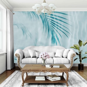 Aqua Palm Shadow Wallpaper: Tropical Coastal Wall Mural - Peel and Stick or Textured