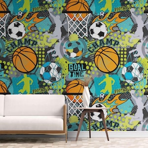 Sports Theme Wallpaper: Peel and Stick Vinyl, Kids Playroom Mural