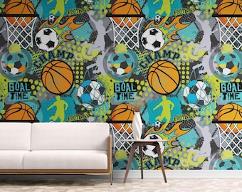 Sports Theme Wallpaper for Kids Room Decor, Football Wallpaper Design, Peel and Stick Vinyl,  Playroom Accent Wall, Sports Wall Mural Decal