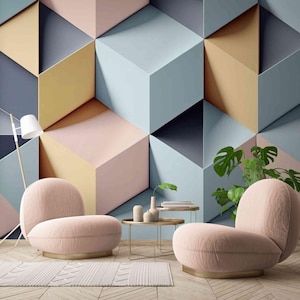 May include: A modern interior design featuring two pink velvet armchairs with gold bases, a small round table, and a geometric wall design in pastel colors. A floor lamp and a rug are also visible.