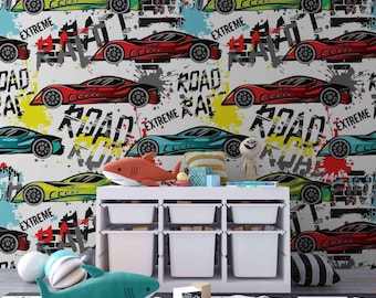 Extreme Racing Car Wallpaper for Kids Room – Custom Peel and Stick Boys Wall Mural, Colorful Sports Car Playroom Decor