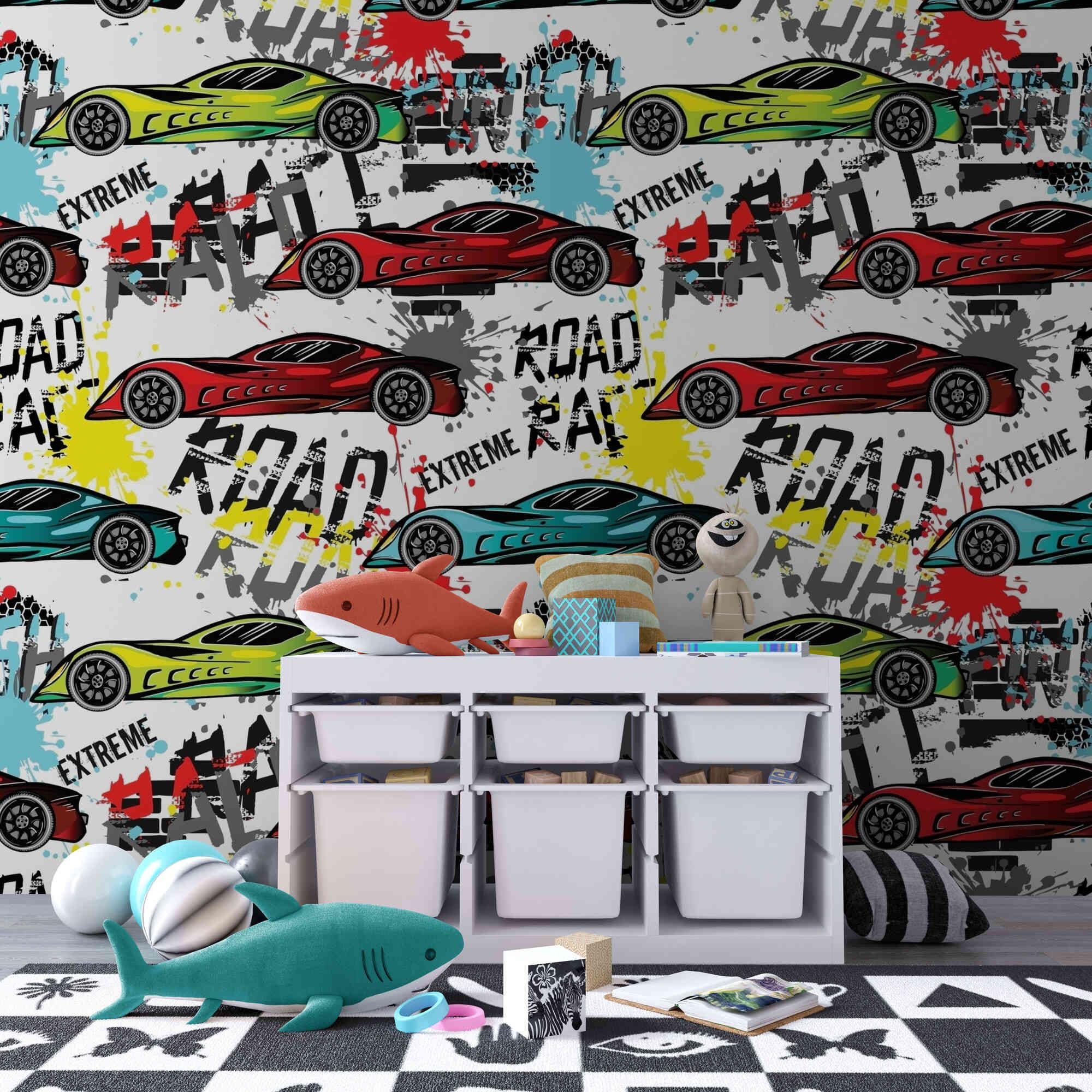 Racing Car Wallpaper: Colorful Sports Car Mural, Kids Playroom Decor
