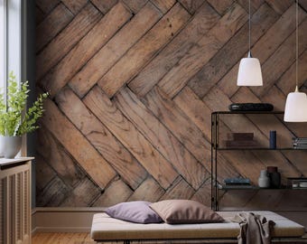 Rustic Herringbone Wood Wallpaper: Peel and Stick Timber Wall Mural