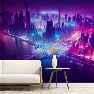 Cyberpunk City Wallpaper Mural: 3D Futuristic Nightscape