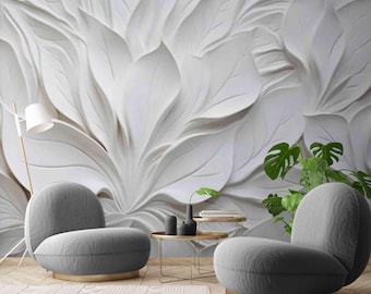 3D White Floral Embossed Wallpaper Mural | Peel & Stick or Non-Woven
