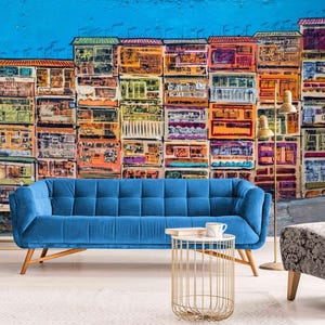 Colorful Urban Apartment Wall Mural – Peel and Stick City Building Graffiti Wallpaper | Retro Street Art Vinyl Mural for Living Room or Café