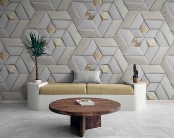 Gray and Gold 3D Geometric Wallpaper Peel and Stick Modern Luxury Wall Mural, Abstract Metallic Gold Photo Wall Art Living Room Decor