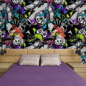 Black and White Graffiti Wall Mural – Modern Urban Street Art Peel and Stick Self Adhesive Wallpaper – Monochrome Accent Wall Decor