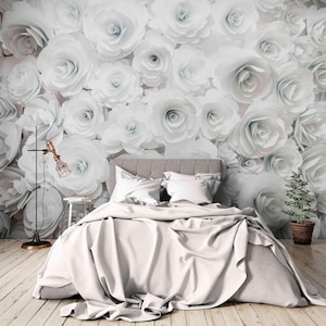 3D White Rose Flower Wall Mural: Peel and Stick Floral Wallpaper