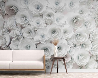 3D White Rose Floral Wallpaper – Peel and Stick Wall Mural