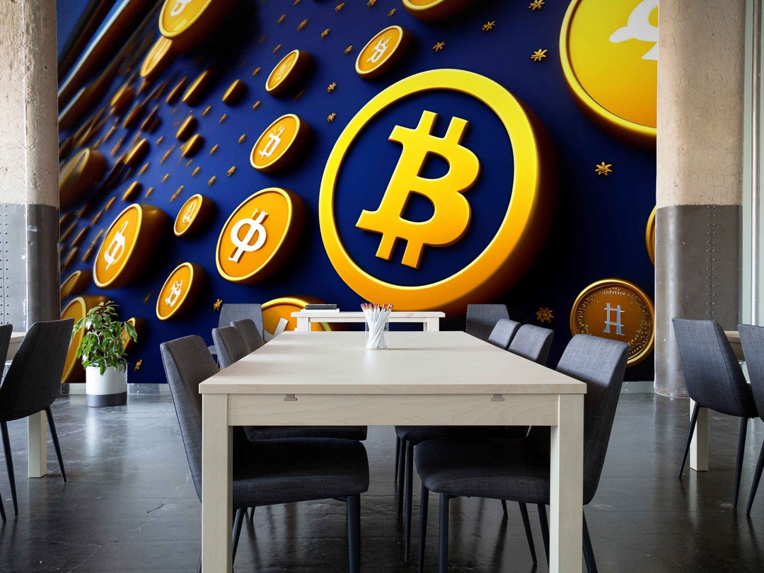Cryptocurrency Logo Mural Wallpaper – Bitcoin 3D Wall Art on Blue ...