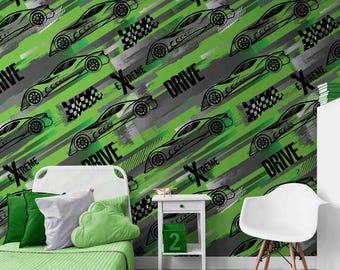 Raceauto-behangmuurschildering, zelfklevende muurdecoratie voor jongenskamer, racebaanmuurschildering, muurdecoratie voor kinderslaapkamer, sportwagen-accentmuur voor speelkamer.