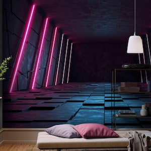 3D Neon Corridor Wall Mural: Cyberpunk Peel and Stick Wallpaper