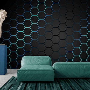 3D Blue Hexagon Futuristic Wallpaper – Modern Luxury Wall Mural, Peel and Stick or Traditional Digital Tech-Wallpaper for Gaming Room Decor