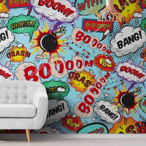 Colorful Pop Art Comics Wall Mural – Fun Graffiti-Style Peel and Stick Wallpaper for Kids’Playroom and Bedroom, Vibrant Cartoon Collage Wall