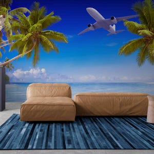 Tropical Beach Mural: Airplane Palm Trees - Peel and Stick Wallpaper