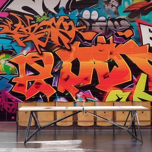 Neon Street Graffiti Wall Mural – Bold Peel and Stick Urban Letter Art Wallpaper for Modern Interiors | Removable Vinyl Wall Decor