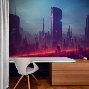 Cyberpunk Cityscape Wall Mural: Peel and Stick Sci-Fi Wallpaper