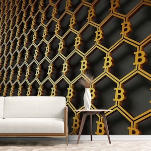 Op de afbeelding: Een zwarte achtergrond met een honingraatpatroon van goud. Elke cel van de honingraat bevat een gouden Bitcoin-symbool.