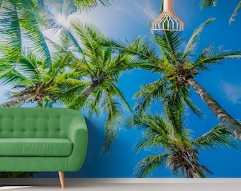 Tropical Palm Wallpaper, Coconut Tree Mural, Photo Wallpaper, Beach Scene Wallpaper, Exotic Wall Decor, Peel and Stick Vinyl Wall paper