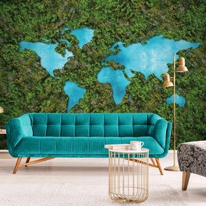 3D World Map Wallpaper Mural – Green Moss Continents with Blue Ocean | Peel and Stick or Non-Woven Wall Covering for Office, Study or Travel