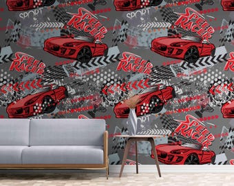 Red Race Car Wall Mural – Speed Racer Themed Wallpaper for Boys Room, Sporty Checkered Flag Playroom Decor, Peel and Stick or Traditional