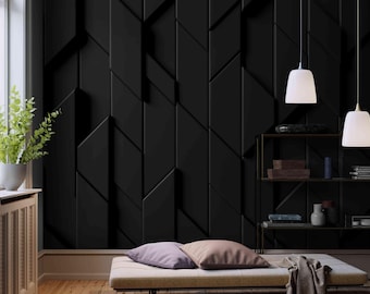 May include: A black and white bedroom with a bed, two white lamps, and a black geometric patterned wall.