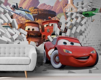 Cars 3D Wallpaper Mural: Boys Playroom Decor, Vinyl Wall Art