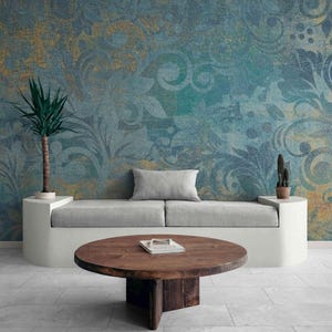 Vintage Damask Wall Mural: Teal & Blue Shabby Chic Peel and Stick Wallpaper