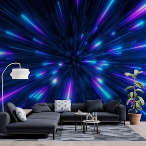 Neon 3D wallpaper self adhesive vinyl or fabric wall papers - blue purple neon glow wall art modern wall mural 3d living room transformation