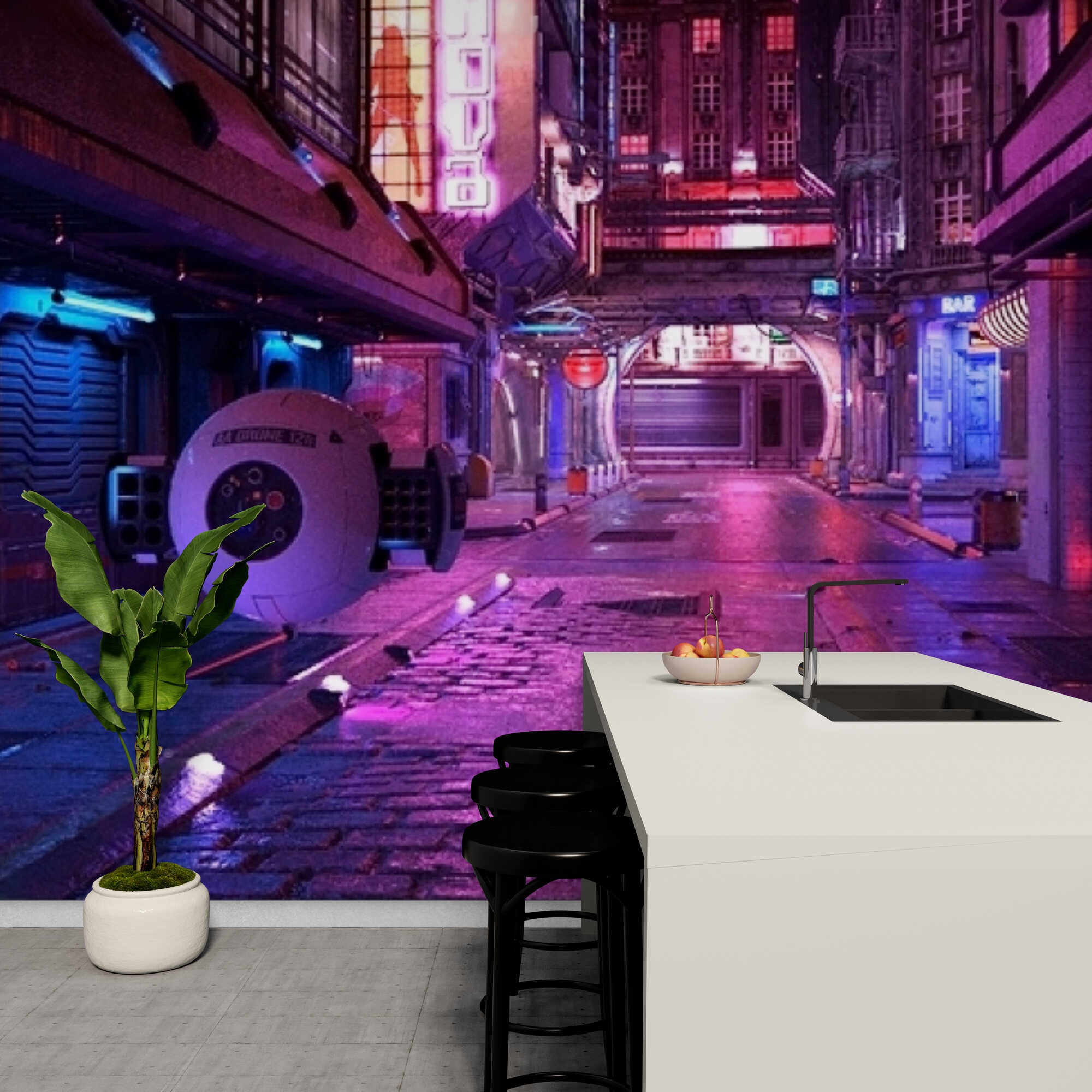 Cyberpunk City Wallpaper Mural: Neon Night, Self-adhesive 3D Wall ...