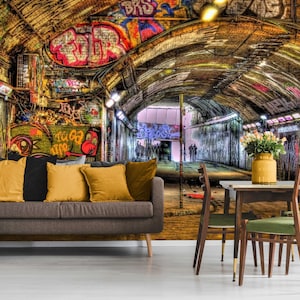 peel and stick graffiti wallpaper, banksy graffiti tunnel wallpaper, custom wall paper, graffti wall poster, vinyl removable wallpaper