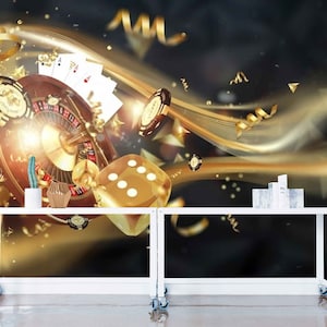 Peel and Stick Mural 3D, Poker Art Wallpaper, Office Wall Art, Roulette, Dice, Cards Casino Chips Accent Wallpaper Mural, Casino Photo Wall