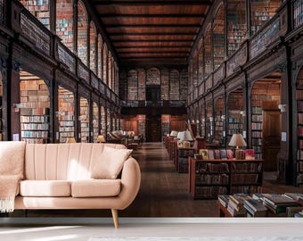 Vintage Library Wallpaper Mural: 3D Book Room Wall Art, Peel and Stick