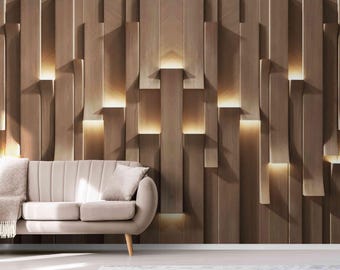 May include: A modern living room scene featuring a light beige sofa with a throw blanket and pillow. The focal point is a textured wooden wall with integrated lighting, creating a warm and inviting ambiance. The wall's design is composed of vertical and horizontal wooden panels.