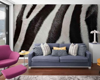 Zebra Fur Wall Mural: Black and White Animal Print, Peel and Stick