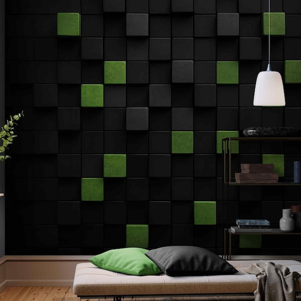 Minecraft Pixel Wall Mural – Black and Green Cube Wallpaper, Peel and Stick