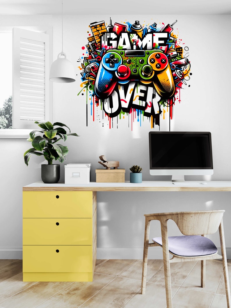 Cyberpunk Gaming Controller Wall Sticker: 3D Neon Mural, Removable ...