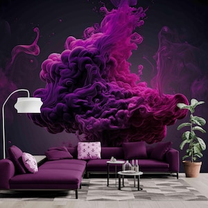 Magenta Smoke 3D Wallpaper - Fluid Art Wallpaper Mural, Dark Art Print, Fabric Wall Coverings, Living Room Wallpaper, Mural Sticker Design