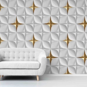 3D Wall Panel: White & Gold Textured Peel and Stick Wallpaper