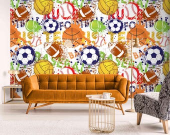 Sporty Balls Wallpaper Mural for Kids Room – Peel and Stick or Traditional Boys Sports Wall Décor | Playroom & Teen Bedroom Athletic Theme
