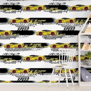 Super Speed Racing Car Wallpaper for Kids Room – Yellow Sports Car Wall Mural, X-Treme Racing Peel Stick or Traditional Wallpaper for Boys